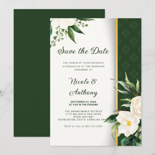 Witte Bloemen Gouden Streep Save-the-Date Kaart (Voorkant / Achterkant)