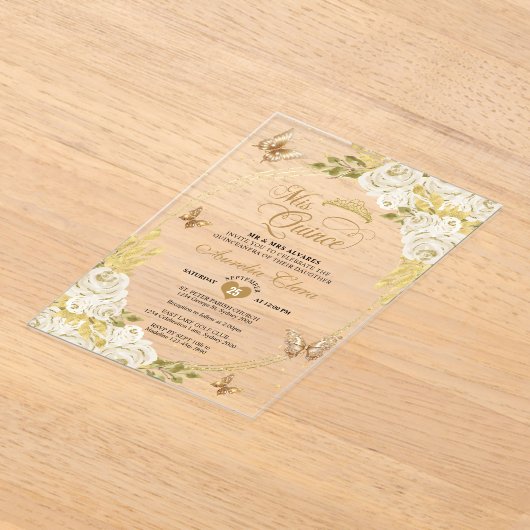 Witte Bloemen Gouden Tiara Vlinder Mis Quinceañera Acryl Uitnodigingen (Laagn)
