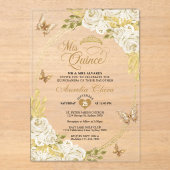 Witte Bloemen Gouden Tiara Vlinder Mis Quinceañera Acryl Uitnodigingen (Voorkant)
