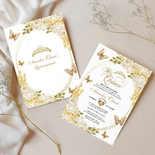 Witte Bloemen Gouden Tiara Vlinder Mis Quinceañera Kaart