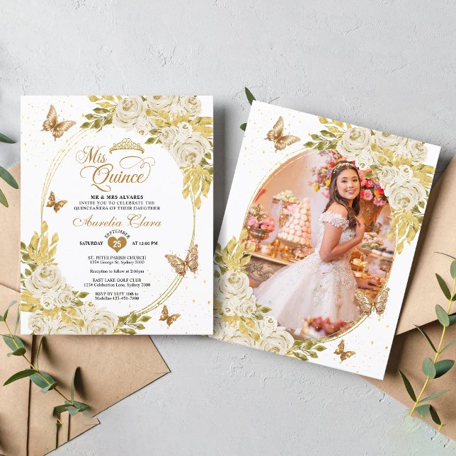 Witte Bloemen Gouden Vlinder Foto Quinceañera (Creator heeft geüpload)