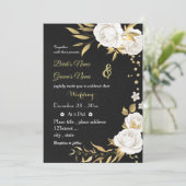witte bloemen gouden zwarte bruiloft kaart (Staand voorkant)