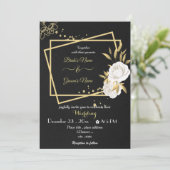 witte bloemen goudkleurige zwarte bruiloft kaart (Staand voorkant)