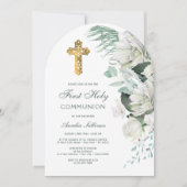 Witte bloemen Greenery Arch Eerste Communie Kaart (Voorkant)