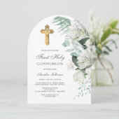 Witte bloemen Greenery Arch Eerste Communie Kaart (Staand voorkant)