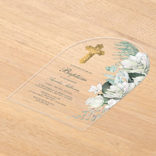 Witte Bloemen Greenery Boog Doop Acryl Uitnodigingen (Laagn)