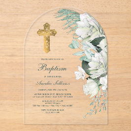 Witte Bloemen Greenery Boog Doop Acryl Uitnodigingen