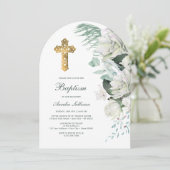 Witte Bloemen Greenery Boog Doop Kaart (Staand voorkant)