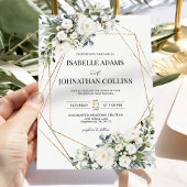 Witte Bloemen Greenery Goud Geometrische Lijst Wed Kaart