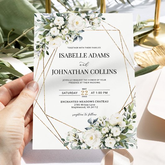 Witte Bloemen Greenery Goud Geometrische Lijst Wed Kaart