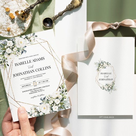 Witte Bloemen Greenery Goud Geometrische Lijst Wed Kaart