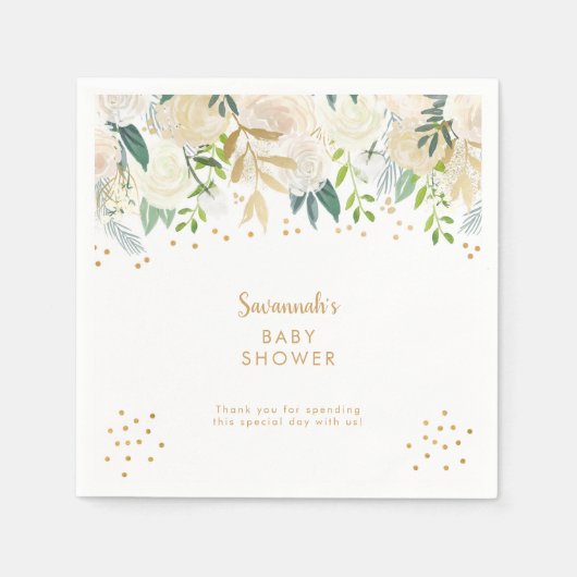 Witte Bloemen Greenery + gouden confetti Servet (Voorkant)