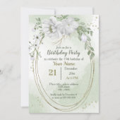 witte bloemen greenery gouden ovale verjaardag kaart (Voorkant)