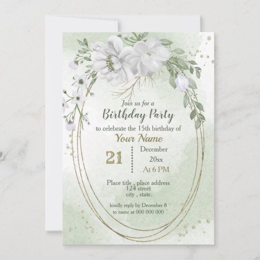 witte bloemen greenery gouden ovale verjaardag kaart (Voorkant)