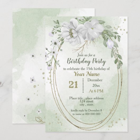 witte bloemen greenery gouden ovale verjaardag kaart (Voorkant / Achterkant)