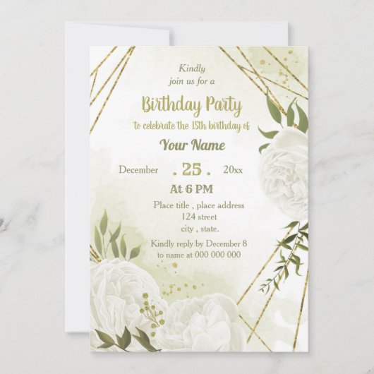 witte bloemen greenery verjaardagsfeest kaart (Voorkant)