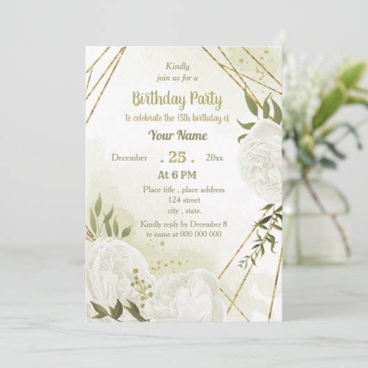  witte bloemen greenery verjaardagsfeest kaart (Staand voorkant)