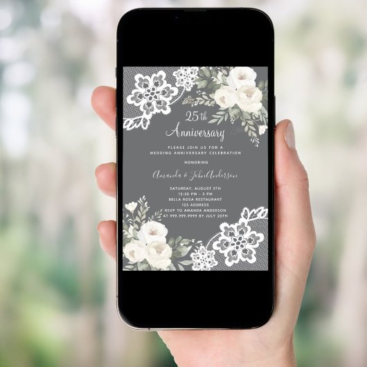 Witte bloemen grijs 25ste huwelijksverjaardag kaart