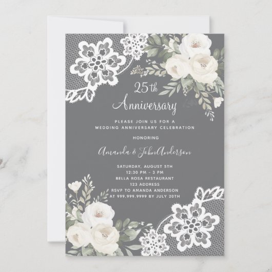 Witte bloemen grijs 25ste huwelijksverjaardag kaart (Voorkant)