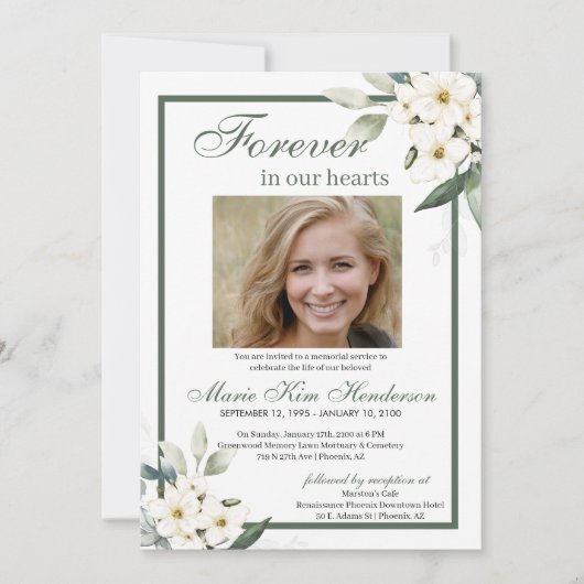 Witte bloemen groen begrafenis herdenkingsdienst kaart (Voorkant)