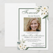 Witte bloemen groen begrafenis herdenkingsdienst kaart (Voorkant / Achterkant)