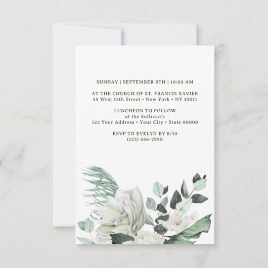 Witte bloemen groen boeket doop uitnodiging (Achterkant)