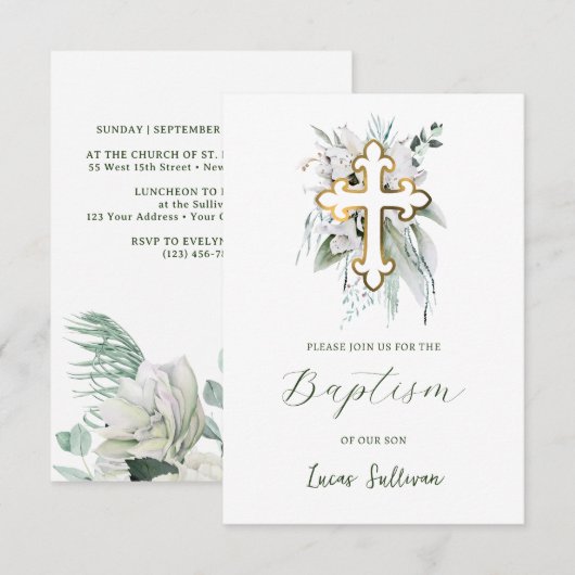 Witte bloemen groen boeket doop uitnodiging (Voorkant / Achterkant)