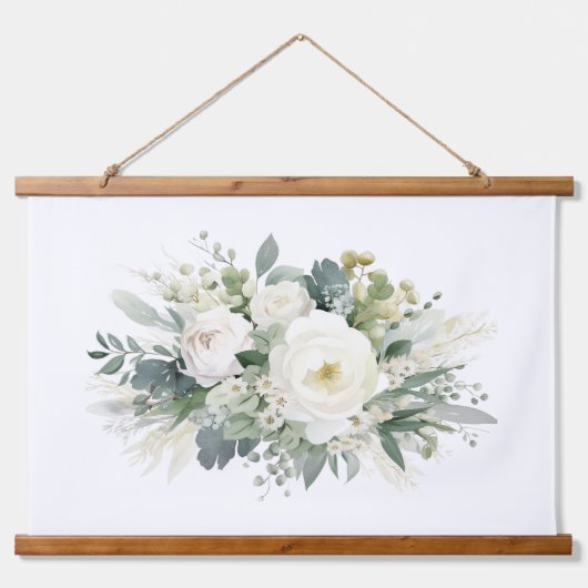 Witte Bloemen Groen Botanische Waterverf Hangend Wandkleed (Voorkant)