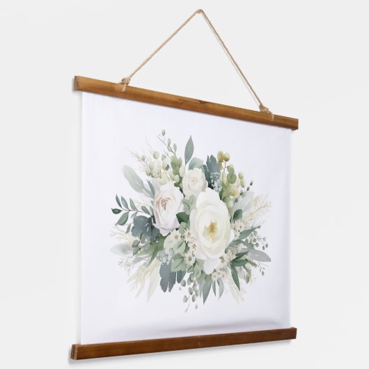 Witte Bloemen Groen Botanische Waterverf Hangend Wandkleed (Gebogen)