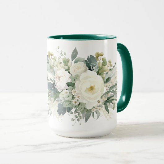 Witte Bloemen Groen Botanische Waterverf Mok (Voorkant rechts)