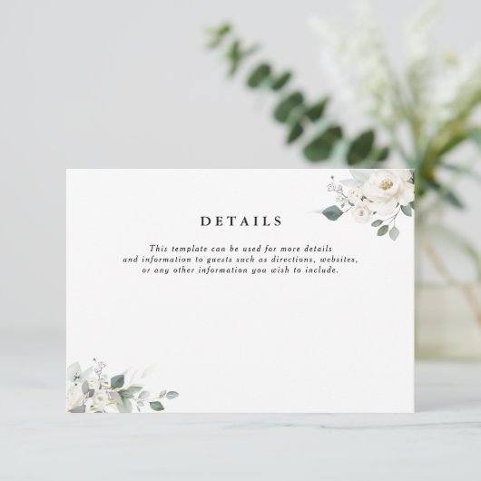 Witte Bloemen Groen Bruiloft Details Kaart (Staand voorkant)