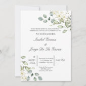 Witte bloemen groen bruiloft uitnodiging in het Sp (Voorkant)