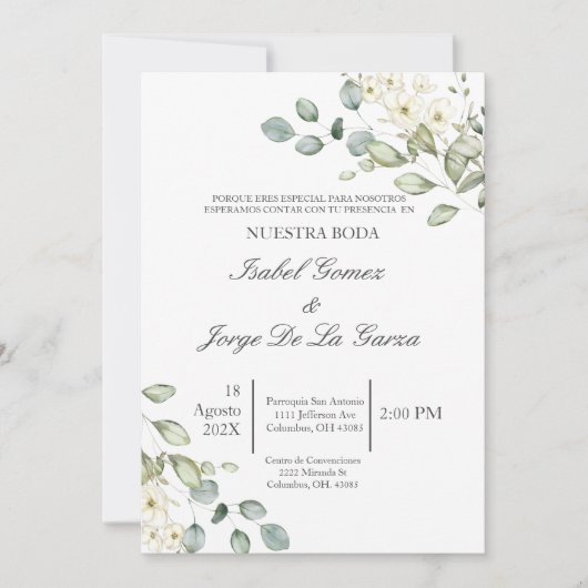 Witte bloemen groen bruiloft uitnodiging in het Sp (Voorkant)