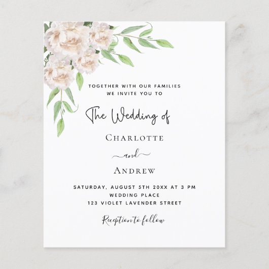 Witte bloemen groen budget bruiloft uitnodiging (Voorkant)