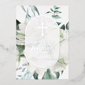 Witte Bloemen Groen Doop Folie Uitnodiging (Voorkant)