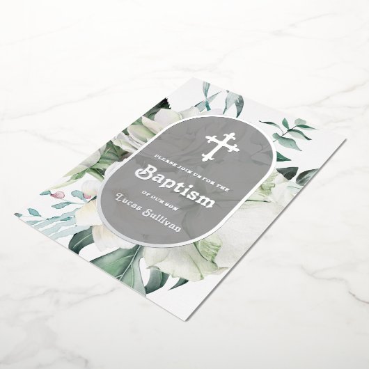 Witte Bloemen Groen Doop Folie Uitnodiging (Gedraaid)