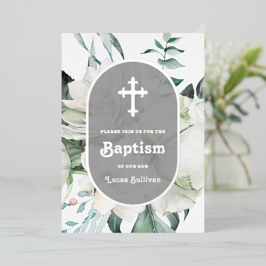 Witte Bloemen Groen Doop Folie Uitnodiging (Staand Voorkant)