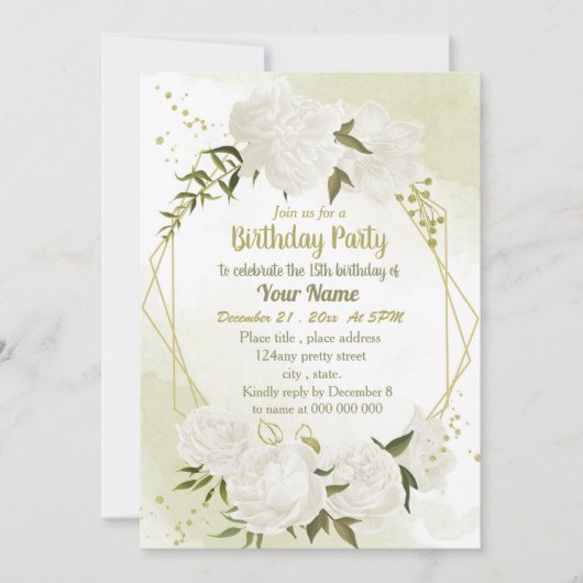 witte bloemen groen geometrische verjaardagsfeest kaart (Voorkant)