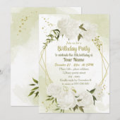 witte bloemen groen geometrische verjaardagsfeest kaart (Voorkant / Achterkant)