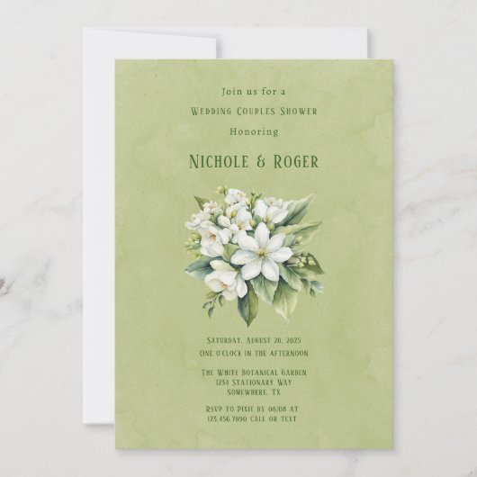 Witte Bloemen Groen Geschilderde Bruiloft Koppels Kaart (Voorkant)