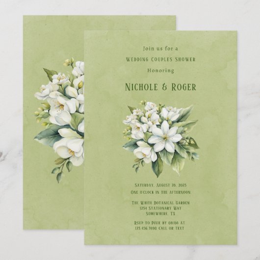 Witte Bloemen Groen Geschilderde Bruiloft Koppels Kaart (Voorkant / Achterkant)