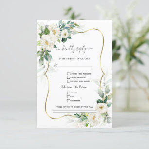 Witte bloemen groen goud liedje aanvraag bruiloft RSVP kaartje