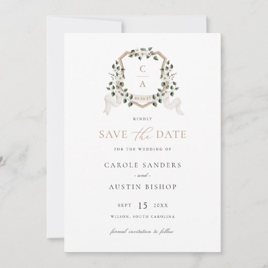 Witte Bloemen Groen Ivy Crest Bruiloft Opslaan Dat Kaart (Voorkant)