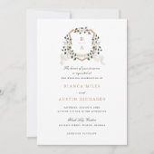 Witte Bloemen Groen Ivy Monogram Crest Bruiloft Kaart (Voorkant)