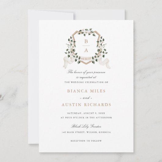 Witte Bloemen Groen Ivy Monogram Crest Bruiloft Kaart (Voorkant)
