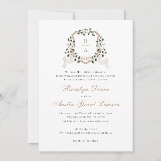Witte Bloemen Groen Ivy Monogram Crest Bruiloft Kaart (Voorkant)
