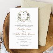 Witte Bloemen Groen Ivy Monogram Crest Bruiloft Kaart
