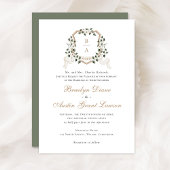 Witte Bloemen Groen Ivy Monogram Crest Bruiloft Kaart