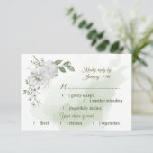 Witte bloemen groen maaltijdkeuze RSVP kaartje (Staand voorkant)