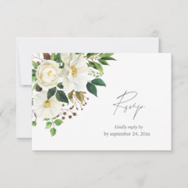 Witte bloemen & groen met maaltijd RSVP kaart